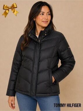Tommy Hilfiger Down Puffer Jacket High Colla Black Logo Large Vintage